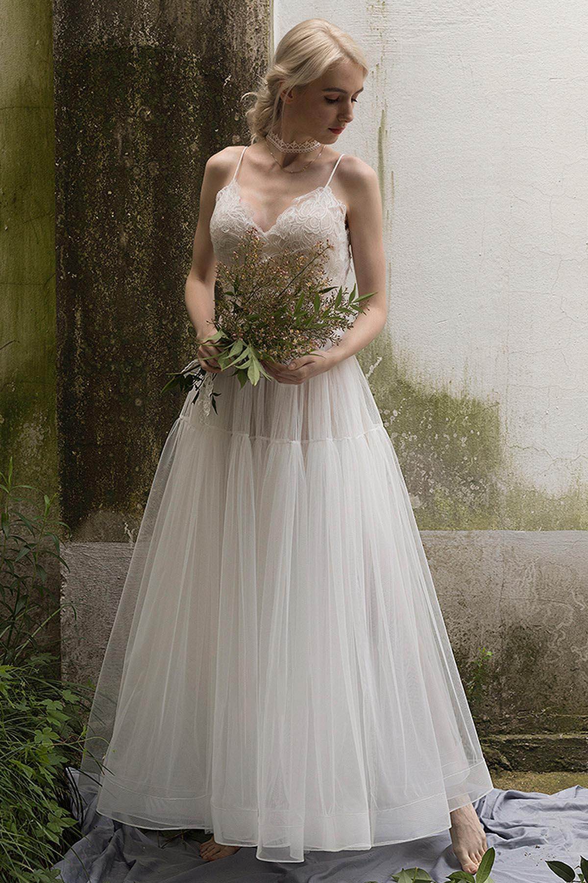 A-Line Ankle Length Lace Tulle Wedding Dress CW3020 - COCOMELODY